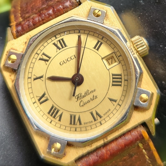 80s GUCCI Wrist Clock Roman Numeral Brown Leather Band Silver Gold Octagon Watch - Picture 15 of 16
